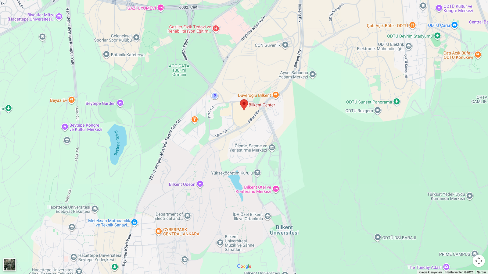 Ankara Bilkent Center ve çevresini, ofisin bulunduğu 1597. Cadde üzerindeki konumu gösteren Google Haritalar görünümü